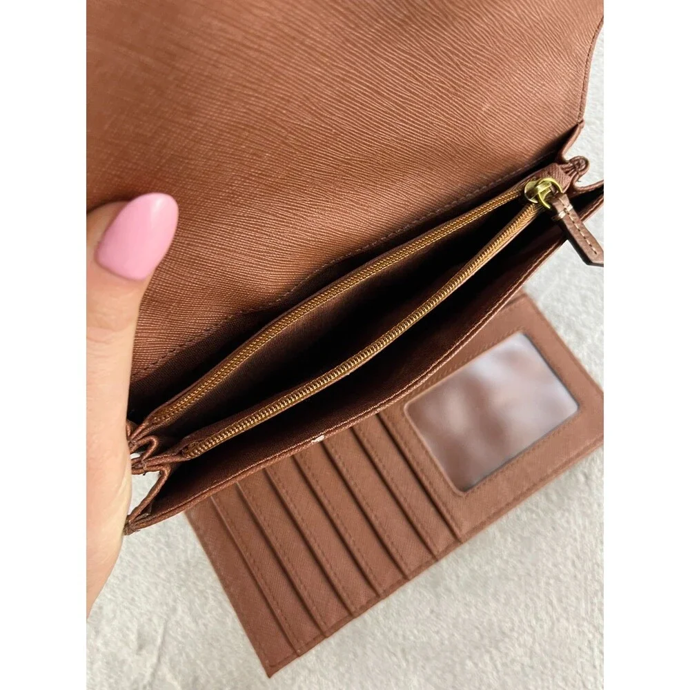 Fossil Brown Leather Zip Around Wallet Organizer Clutch Long Wallet